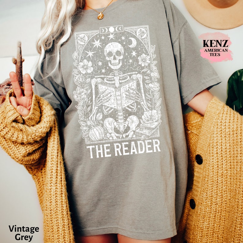 Comfort Colors The Reader Tarot Card Shirt, Skeleton Reading Shirt, Unisex Tarot Card Shirt, Book Lover Gift, Bookish Gift,Tarot Lover Gift old Vintage School Retro Cult