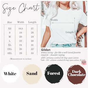 May include: Size chart for Gildan unisex t-shirts, showing width and length measurements in inches for sizes XS to 3XL.  The chart includes a description of the Gildan t-shirt fabric: 100% airlume combed & ring-spun cotton, *ash - 99% airlume combed & ring-spun cotton, 1% poly.  The chart also shows color swatches for White, Sand, Forest, and Dark Chocolate.