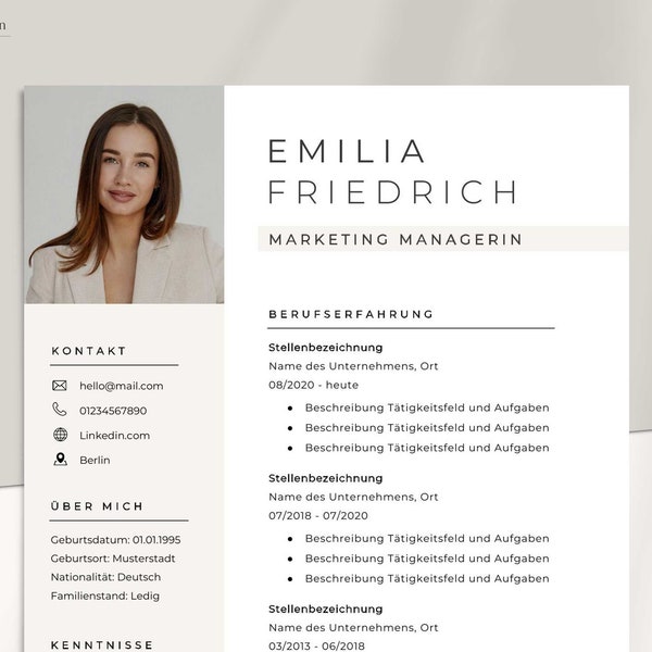 Application template German Modern Resume Beige 2022 - Microsoft Word with instructions