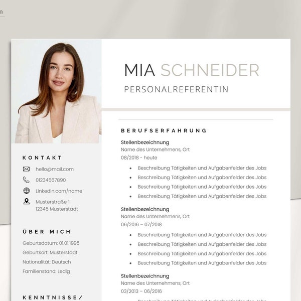 Bewerbungsvorlage Deutsch Modern Lebenslauf Beige 2022 - Microsoft Word mit Anleitung