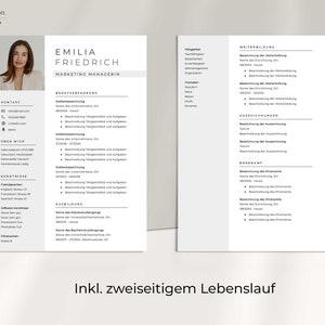 May include: A black and white resume template with the name Emilia Friedrich and the title Marketing Managerin. The resume includes sections for contact information, work experience, skills, education, and additional information. The text "Inkl. zweiseitigem Lebenslauf" is at the bottom of the page.