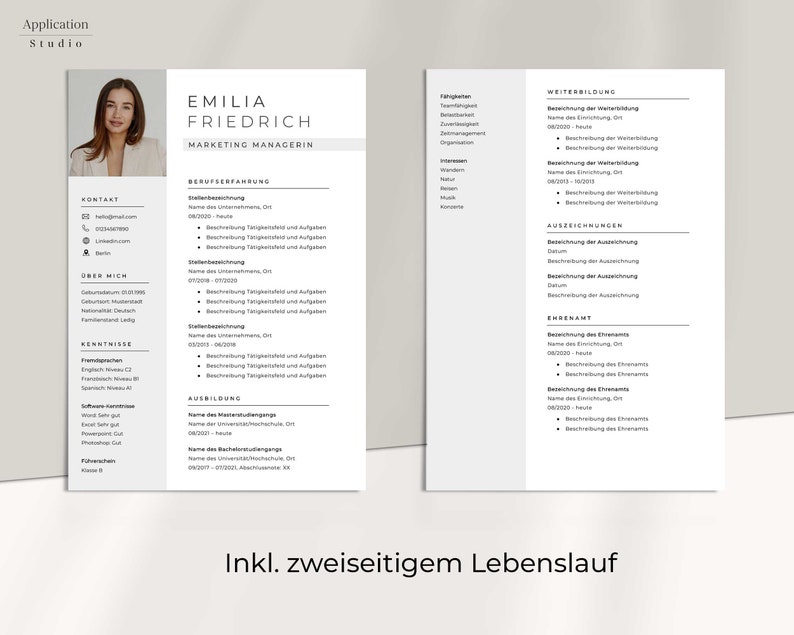 May include: A black and white resume template with the name Emilia Friedrich and the title Marketing Managerin. The resume includes sections for contact information, work experience, skills, education, and additional information. The text "Inkl. zweiseitigem Lebenslauf" is at the bottom of the page.