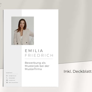 May include: A white resume template with a professional headshot of a woman. The text "EMILIA FRIEDRICH" is in black font. The text "Bewerbung als Musterjob bei der Musterfirma" is in black font. The text "Inkl. Deckblatt" is in black font.
