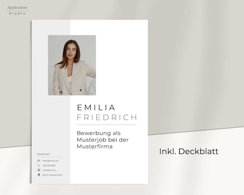 May include: A white resume template with a professional headshot of a woman. The text "EMILIA FRIEDRICH" is in black font. The text "Bewerbung als Musterjob bei der Musterfirma" is in black font. The text "Inkl. Deckblatt" is in black font.