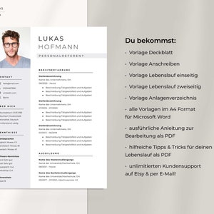 May include: A resume template for a job applicant named Lukas Hofmann, who is a Personalreferent. The resume includes contact information, work experience, skills, and education. The template is designed to be used with Microsoft Word and includes a cover letter, resume, and reference page. The template is available for purchase on Etsy.