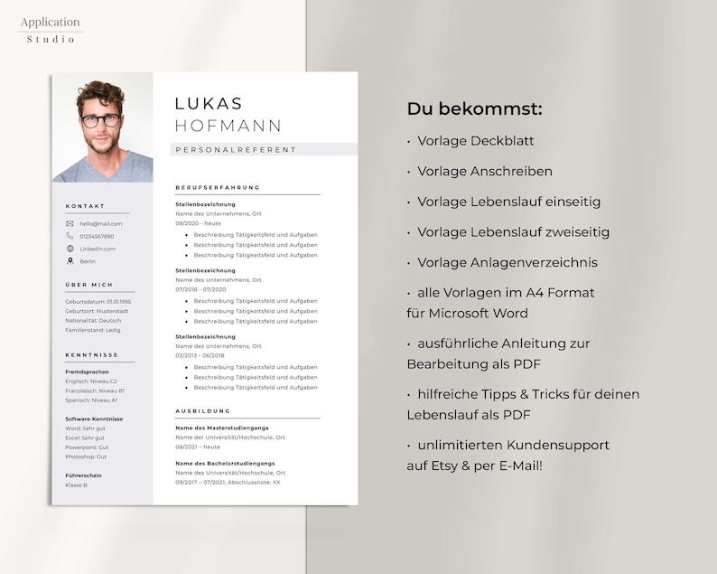 May include: A resume template for a job applicant named Lukas Hofmann, who is a Personalreferent. The resume includes contact information, work experience, skills, and education. The template is designed to be used with Microsoft Word and includes a cover letter, resume, and reference page. The template is available for purchase on Etsy.