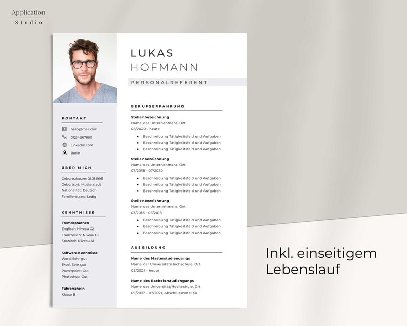 May include: A black and white resume with the name Lukas Hofmann, Personalreferent, listed at the top. The resume includes contact information, work experience, and education.