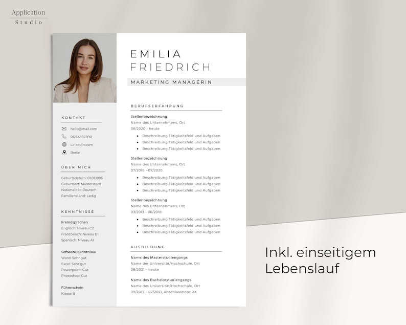 May include: A resume for Emilia Friedrich, a Marketing Manager. The resume includes contact information, work experience, education, and skills. The resume is in German.