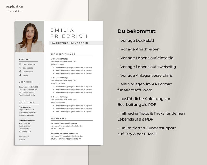 May include: A resume template for a marketing manager with a photo of a woman in a professional setting. The template includes sections for contact information, work experience, education, and skills. The text "Du bekommst" is visible on the right side of the image, followed by a list of items included in the template.