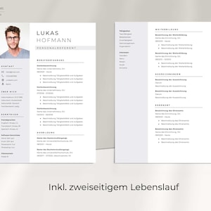 May include: A black and white resume template with a photo of a man in the top left corner. The resume is titled "Lukas Hofmann, Personalreferent". The resume includes sections for contact information, work experience, education, and skills.