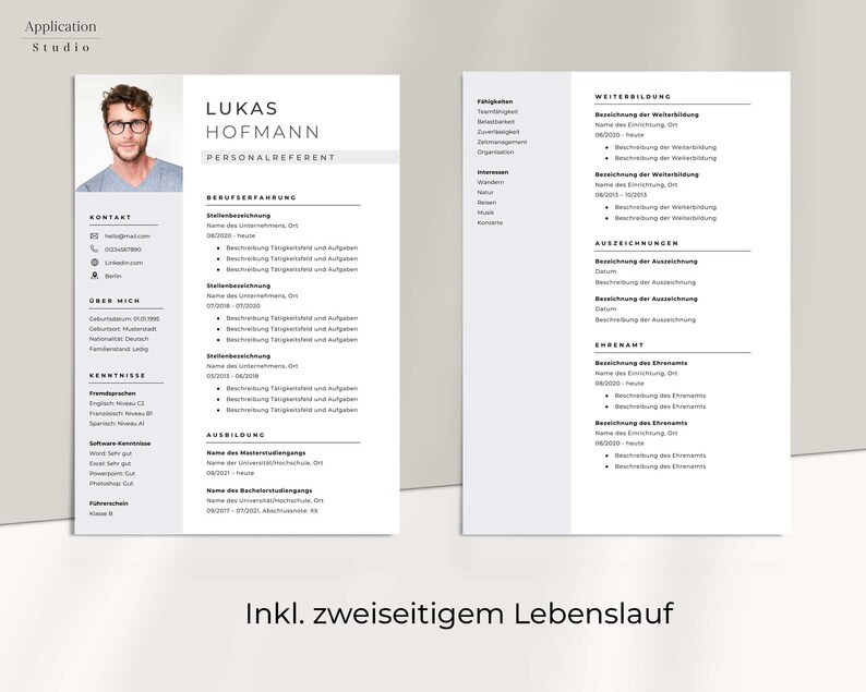 May include: A black and white resume template with a photo of a man in the top left corner. The resume is titled "Lukas Hofmann, Personalreferent". The resume includes sections for contact information, work experience, education, and skills.