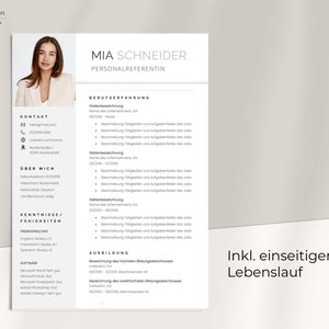 May include: A black and white CV template with the name Mia Schneider and the title Personalreferentin. The CV includes contact information, work experience, skills, and education. The text "Inkl. einseitigem Lebenslauf" is at the bottom of the page.