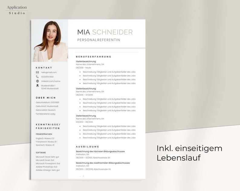 May include: A black and white CV template with the name Mia Schneider and the title Personalreferentin. The CV includes contact information, work experience, skills, and education. The text "Inkl. einseitigem Lebenslauf" is at the bottom of the page.
