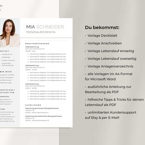 May include: A resume template for a job applicant named Mia Schneider, who is a Personalreferentin. The template includes sections for contact information, work experience, education, skills, and languages. The template also includes a section for the applicant to describe themselves. The template is designed to be used with Microsoft Word and includes instructions on how to use it.