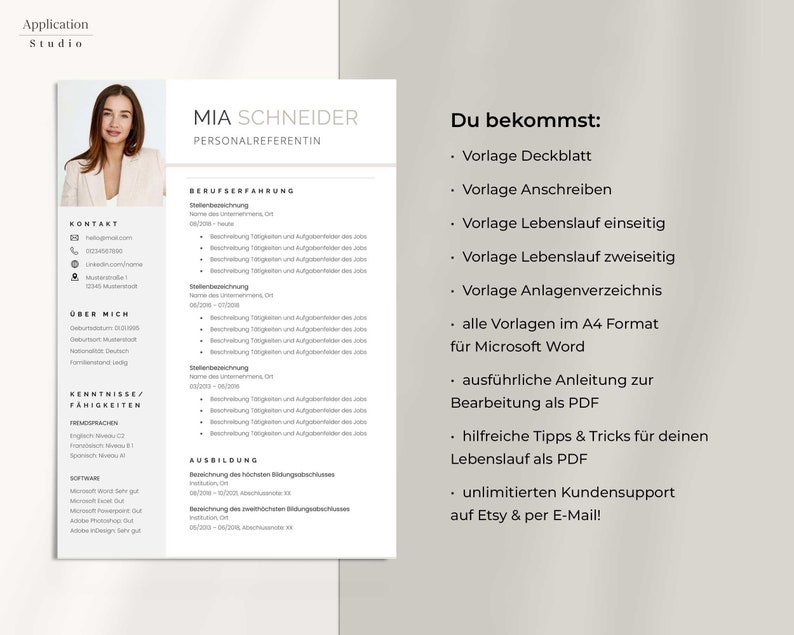 May include: A resume template for a job applicant named Mia Schneider, who is a Personalreferentin. The template includes sections for contact information, work experience, education, skills, and languages. The template also includes a section for the applicant to describe themselves. The template is designed to be used with Microsoft Word and includes instructions on how to use it.
