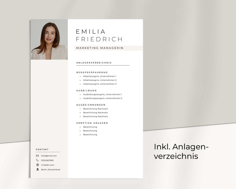 May include: A resume template with a photo of a woman at the top. The text on the page includes the name Emilia Friedrich, Marketing Managerin, and a list of attachments.
