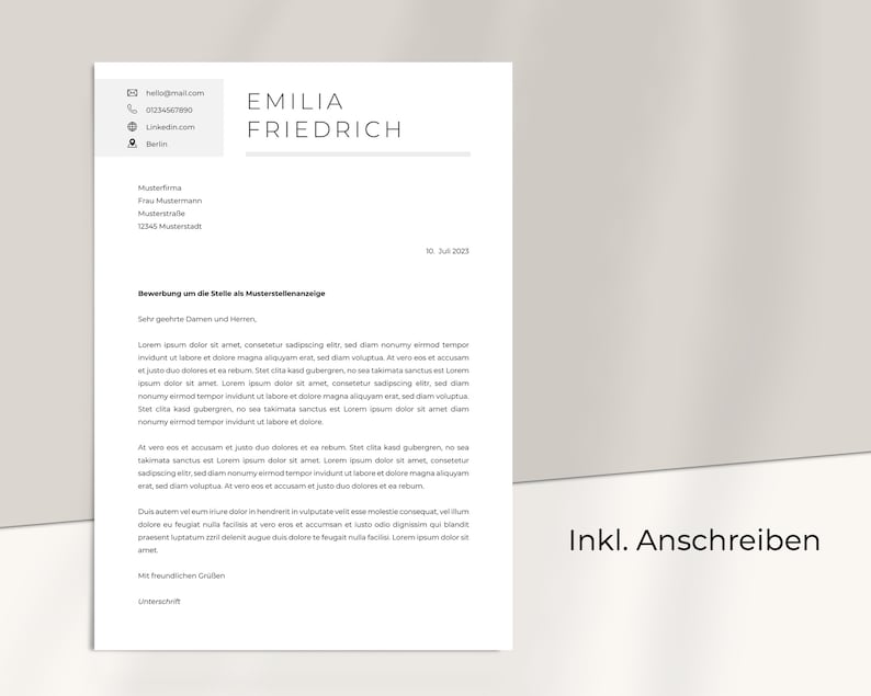 May include: A formal job application letter with the heading "Bewerbung um die Stelle als Musterstellenange" and the text "Sehr geehrte Damen und Herren" at the top of the page. The letter is dated 16. Juli 2023.