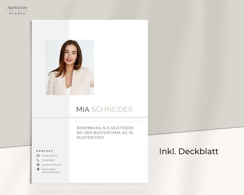May include: A white resume template with a professional headshot of a woman. The text "MIA SCHNEIDER" is in black font at the top of the page. The text "BEWERBUNG ALS MUSTERJOB BEI DER MUSTERFIRMA AG IN MUSTERSTADT" is in black font below the headshot. The text "KONTAKT" is in black font at the bottom left of the page. The text "Inkl. Deckblatt" is in black font at the bottom right of the page.