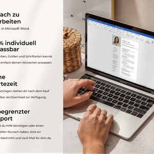 May include: A laptop computer displaying a resume template in Microsoft Word. The text on the screen reads "EMILIA FRIEDRICH". The text on the screen also reads "100% individuell anpassbar" and "Keine Wartezeit".