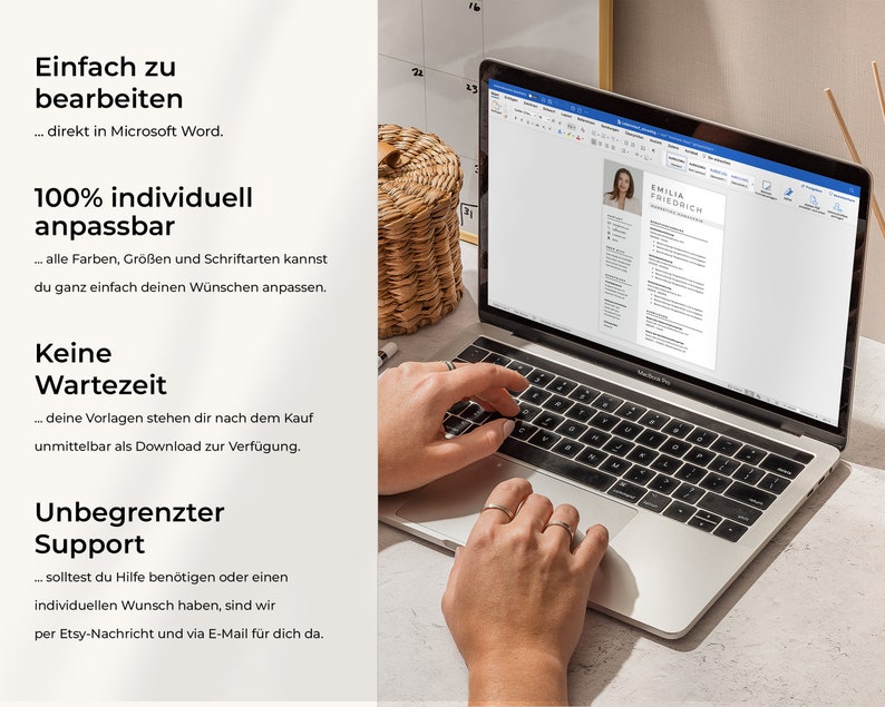 May include: A laptop computer displaying a resume template in Microsoft Word. The text on the screen reads "EMILIA FRIEDRICH". The text on the screen also reads "100% individuell anpassbar" and "Keine Wartezeit".
