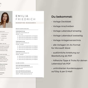 May include: A resume template for a marketing manager named Emilia Friedrich. The template includes sections for contact information, work experience, skills, and education. The template is designed to be used with Microsoft Word and includes a cover letter, resume, and reference page.