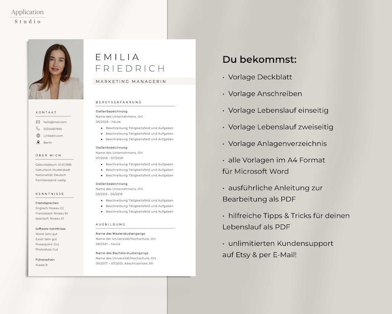 May include: A resume template for a marketing manager named Emilia Friedrich. The template includes sections for contact information, work experience, skills, and education. The template is designed to be used with Microsoft Word and includes a cover letter, resume, and reference page.