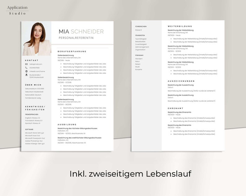 May include: A black and white resume template featuring the name Mia Schneider and the title Personalreferentin. The resume includes sections for contact information, work experience, skills, and education. The resume also includes a section for awards and volunteer work.