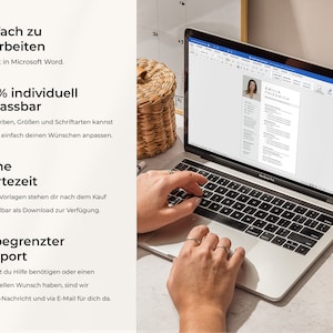May include: A laptop computer displaying a resume template in Microsoft Word. The text on the screen reads "EMILIA FRIEDRICH". The text on the screen also reads "100% individuell anpassbar" and "Keine Wartezeit".