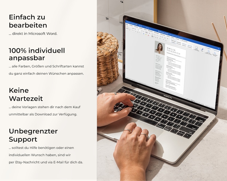 May include: A laptop computer displaying a resume template in Microsoft Word. The text on the screen reads "EMILIA FRIEDRICH". The text on the screen also reads "100% individuell anpassbar" and "Keine Wartezeit".