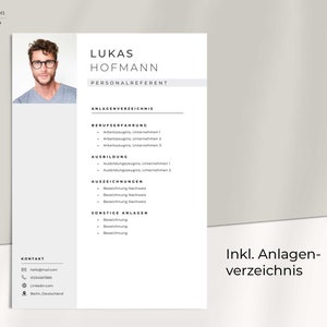 May include: A black and white resume template with the name "Lukas Hofmann" and the title "Personalreferent" at the top. The resume includes sections for work experience, education, awards, and other attachments. The contact information at the bottom includes an email address, phone number, LinkedIn profile, and location.