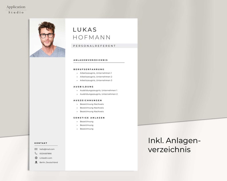 May include: A black and white resume template with the name "Lukas Hofmann" and the title "Personalreferent" at the top. The resume includes sections for work experience, education, awards, and other attachments. The contact information at the bottom includes an email address, phone number, LinkedIn profile, and location.