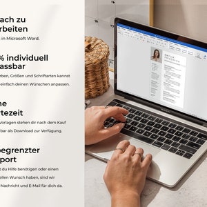 May include: A laptop computer with a resume document open in Microsoft Word. The text on the screen reads "EMILIA FRIEDRICH". The text on the screen is in German. The laptop is on a white surface with a wicker basket in the background.