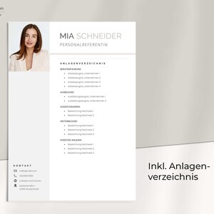 May include: A resume template with a photo of a woman at the top. The template includes a section for contact information, work experience, education, and skills. The text "MIA SCHNEIDER" and "PERSONALREFERENTIN" is at the top of the page. The text "ANLAGENVERZEICHNIS" is in the middle of the page. The text "KONTAKT" is at the bottom of the page. The text "Inkl. Anlagen-verzeichnis" is at the bottom right of the page.