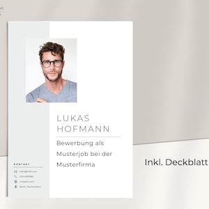 May include: A resume template with a photo of a man wearing glasses. The text on the resume reads "Lukas Hofmann, Bewerbung als Musterjob bei der Musterfirma, Inkl. Deckblatt".