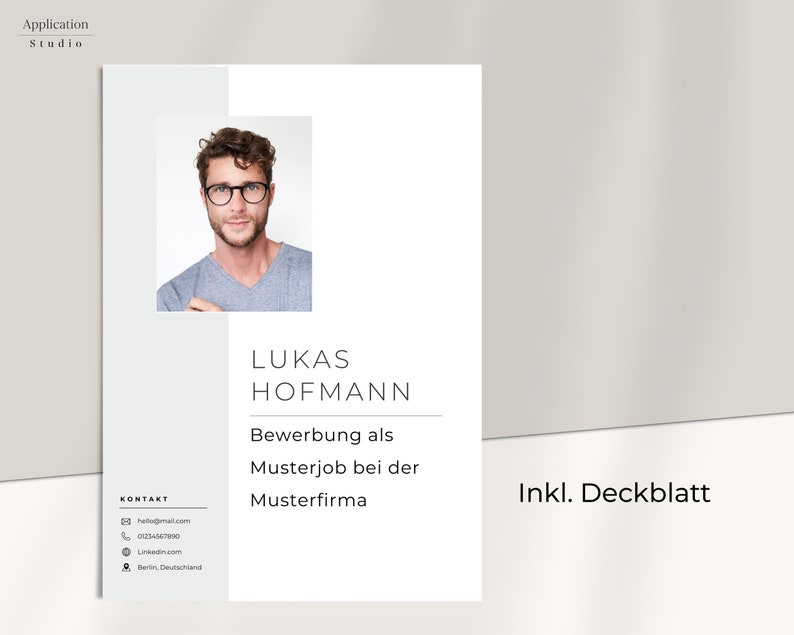 May include: A resume template with a photo of a man wearing glasses. The text on the resume reads "Lukas Hofmann, Bewerbung als Musterjob bei der Musterfirma, Inkl. Deckblatt".