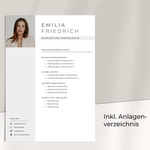 May include: A black and white resume template with a photo of a woman at the top. The resume includes the title "Emilia Friedrich, Marketing Managerin" and a list of work experience and education. The text "Inkl. Anlagen-verzeichnis" is at the bottom of the page.