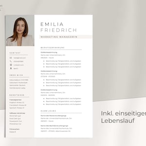 May include: A black and white resume with the name Emilia Friedrich, Marketing Managerin. The resume includes contact information, work experience, education, and skills. The text "Inkl. einseitigem Lebenslauf" is at the bottom of the page.