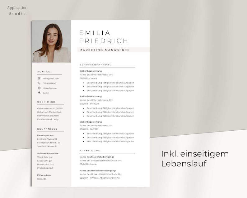 May include: A black and white resume with the name Emilia Friedrich, Marketing Managerin. The resume includes contact information, work experience, education, and skills. The text "Inkl. einseitigem Lebenslauf" is at the bottom of the page.
