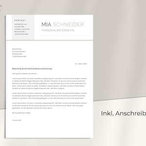 May include: A formal job application letter with the title "Bewerbung um die Stelle als Musterstellenanzeige" and the date "10. Januar 2003". The letter is written in German and includes the name "MIA SCHNEIDER" and the title "PERSONALREFERENTIN".