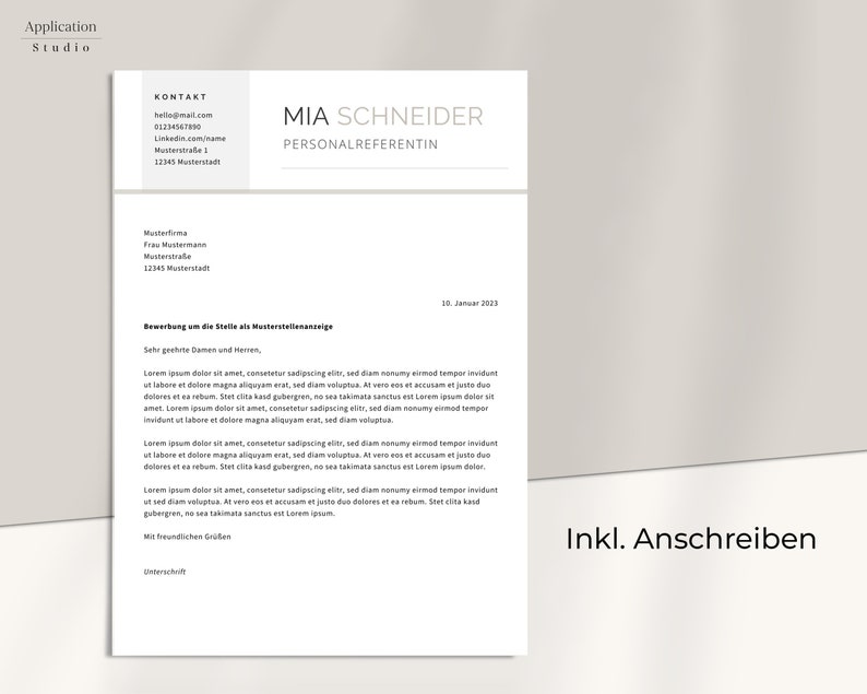May include: A formal job application letter with the title "Bewerbung um die Stelle als Musterstellenanzeige" and the date "10. Januar 2003". The letter is written in German and includes the name "MIA SCHNEIDER" and the title "PERSONALREFERENTIN".