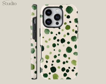 Sage Green Dots Phone Case, Millennial Green Watercolor Tough Cover for iPhone 17 16 15 14 13 Pro Max, Samsung S25, Pixel 9, Aesthetic Case