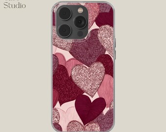 Pink Heart iPhone Case, Cute Aesthetic Phone Case, Girly Love Pattern Cover, iPhone 11 12 13 14 15 16 17 Pro Max Case