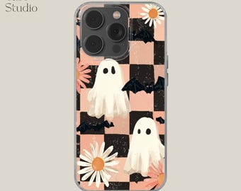 Halloween Ghost Phone Case for iPhone 16e, 14, 13, 12, 11, SE, Retro Spooky Ghosts cover for Samsung S25 Edge, A15, S21, S23, Pixel 9A, 8