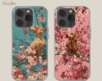Dachshund in Flowering Tree Phone Case, Sausage Dog Cover, Japanese Sakura iphone case, Burgundy Wiener Dog Samsung Case