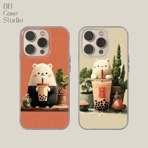 May include: Two phone cases with cute illustrations. One features a panda holding a boba drink, the other a cat with a boba drink. Both cases have a clear border and are set against a neutral background. The text "BB Case Studio" is in the upper left corner.