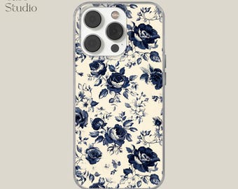 Blue Floral Phone Case Toile de Jouy cover for iPhone 16e, 14, 13, 12, 11, SE, Samsung S25 Edge, A15, S21, S23, Pixel 9A, 8 Pro