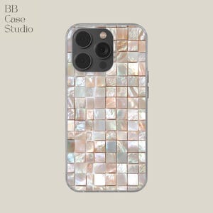 Coque de portable mosaïque nacre et ormeau blanc pour iPhone 16e, 14, 13, 12, 11, SE, Samsung S25 Edge, A15, S21, S23, Pixel 9A