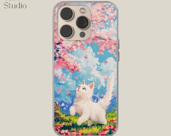 Tokyo Sakura White Cat Phone Case: Elegant Floral Design