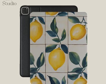 Lemon Tile iPad Case: Vegan Leather, Pencil Holder