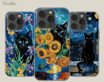 Black Cat Green Eyes Phone Case Van Gogh Watercolor cover for iPhone 16e, 14, 13, 12, 11, SE, Samsung S25 Edge, A15, S21, S23, Pixel 9A